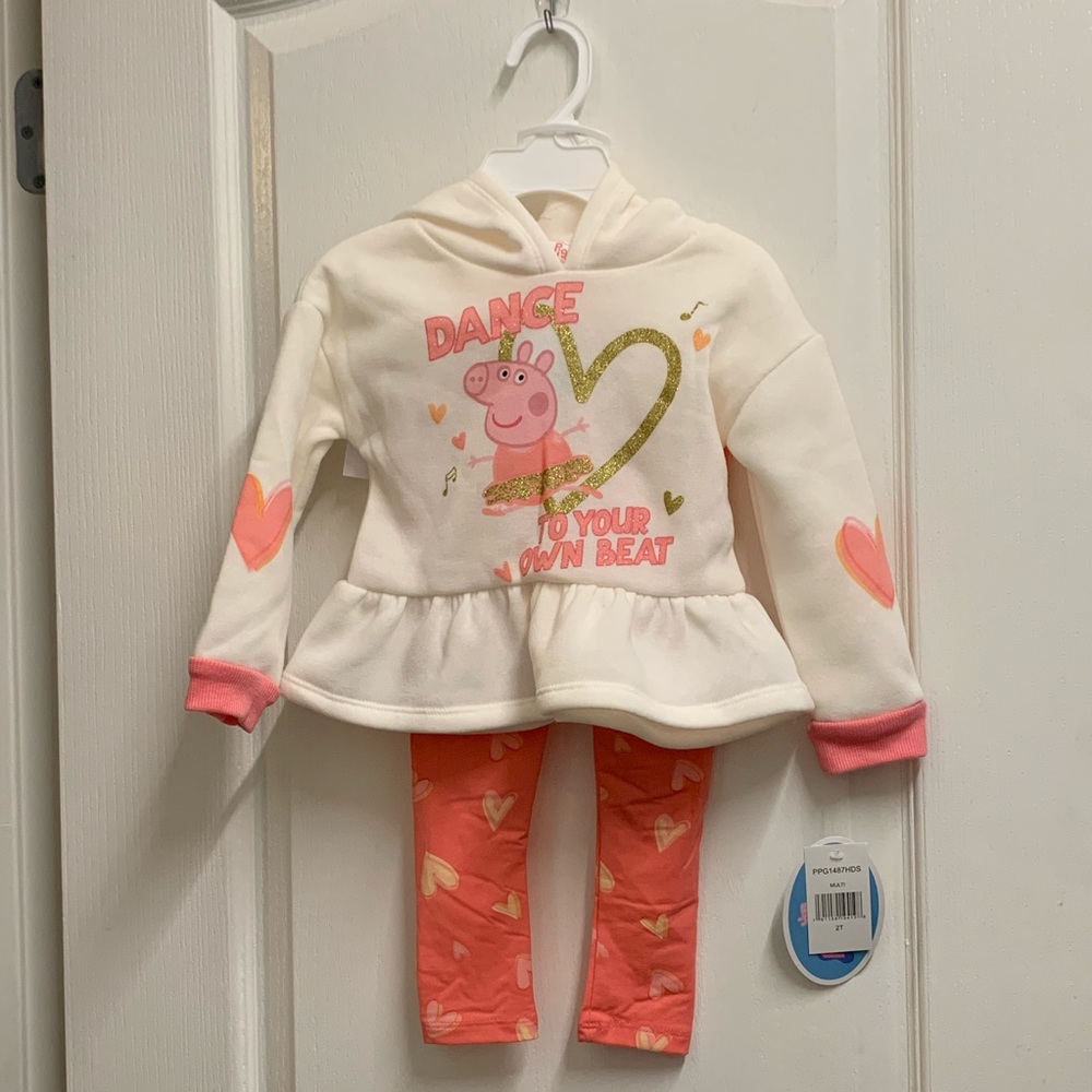 NWT Toddler Girls Peppa Pig 2 Piece Set Fleece Hooded Pullover w/ Leggings